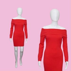 1980s-1990s. YES CLOTHING CO. Off Shoulder. Red Long Sleeve Bodycon Dress. XS-S